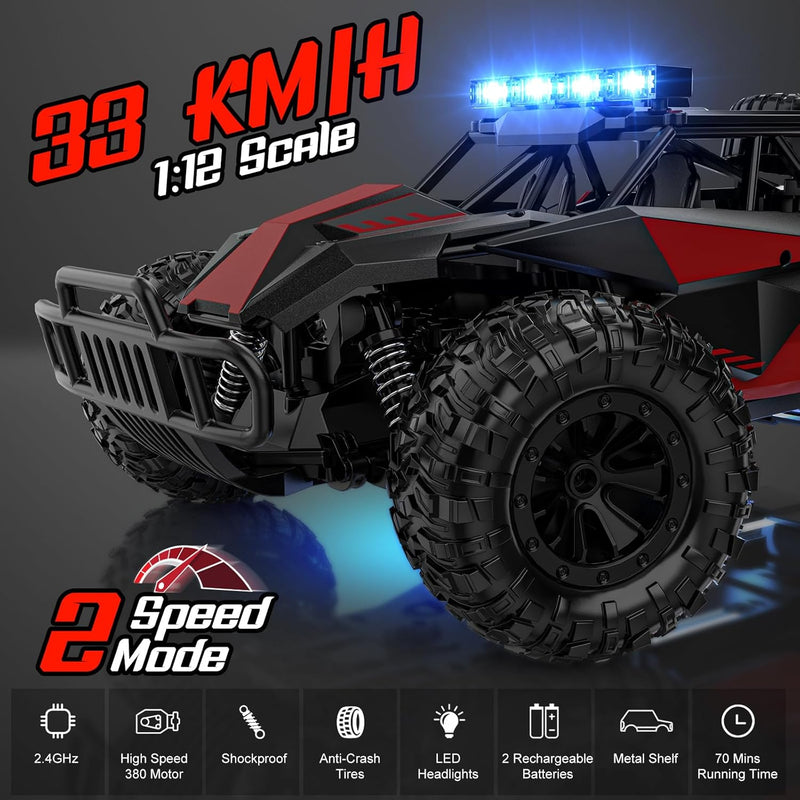 bluejay 1:12 2.4ghz high speed rc monster truck with led headlights and rechargeable battery