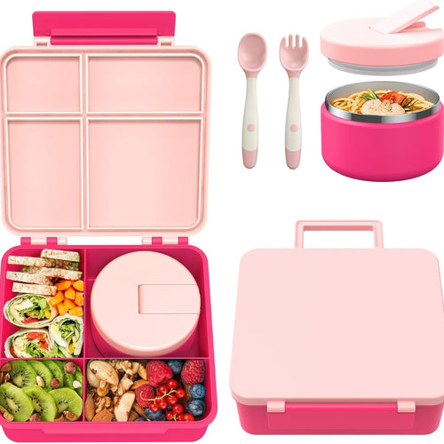 Pawtong Bento Lunch Box with 8oz Soup Thermo, Kids Leakproof Lunch Food Containers with 4 Compartment, Kids Thermo Insulated Hot Food Jar for School, Trvael - (Pink)