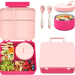 Pawtong Bento Lunch Box with 8oz Soup Thermo, Kids Leakproof Lunch Food Containers with 4 Compartment, Kids Thermo Insulated Hot Food Jar for School, Trvael - (Pink)