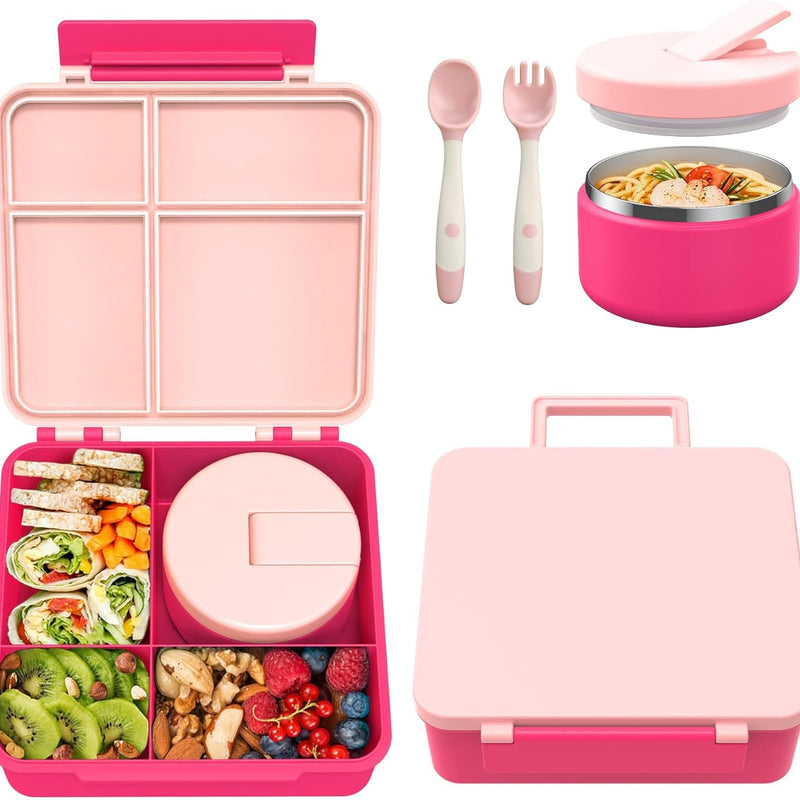 Pawtong Bento Lunch Box with 8oz Soup Thermo, Kids Leakproof Lunch Food Containers with 4 Compartment, Kids Thermo Insulated Hot Food Jar for School, Trvael - (Pink)