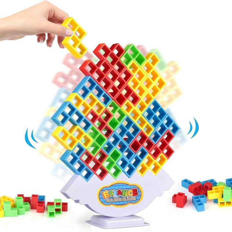 64 Pcs Stacking Tower Game with 22 Cards, Giant Tumble Balance Game for Kids and Adults
