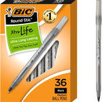 BIC Round Stic Xtra Life Black Ballpoint Pens, Medium Point (1.0mm), 36-Count Pack of Bulk Pens, Flexible Round Barrel for Writing Comfort, No. 1 Selling Ballpoint Pens