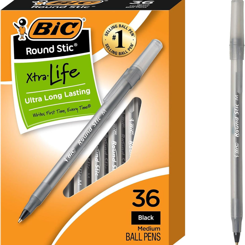BIC Round Stic Xtra Life Black Ballpoint Pens, Medium Point (1.0mm), 36-Count Pack of Bulk Pens, Flexible Round Barrel for Writing Comfort, No. 1 Selling Ballpoint Pens