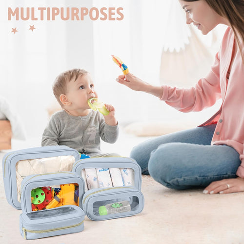 YOPCDJ 5PCS Diaper Bag Organizer Pouch Set, TSA Approved Toiletry Bag，Clear Waterproof TPU Makeup Bag Set Travel Organizer Bags for Women and Kids