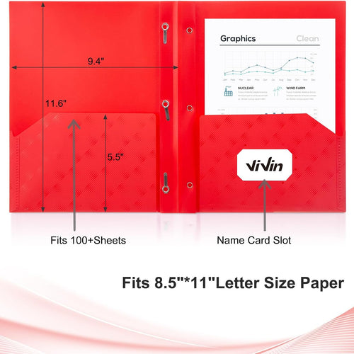 ViVin Plastic Folders with Pockets and Prongs,6 Pack,Heavy Duty 2-Pocket File Folder with 3 Fasteners,Fits Letter Size Paper,for School Home and Office(Assorted Color)