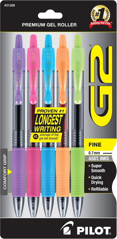 Pilot G2 Premium Gel Roller Pens, Fine Point 0.7 mm, Blue Ink Pens Fine Point, Pack of 5 - Ideal for School, Journaling, and Office Writing