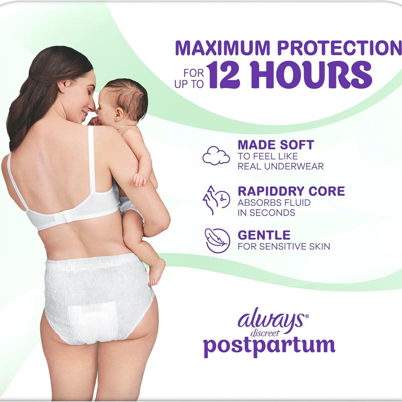 Always Discreet Postpartum and Adult Incontinence Underwear for Women, Small/Medium, Maximum Protection, 14 Count