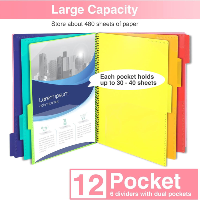 Forvencer 12 Pocket Project Organizer, 1/6-cut Tab Binder Organizer with Sticky Labels, Multi Pocket Folder with Zipper Pouch, Folder Binder Spiral Pocket Notebook, Office Supplies, Letter Size, Pink