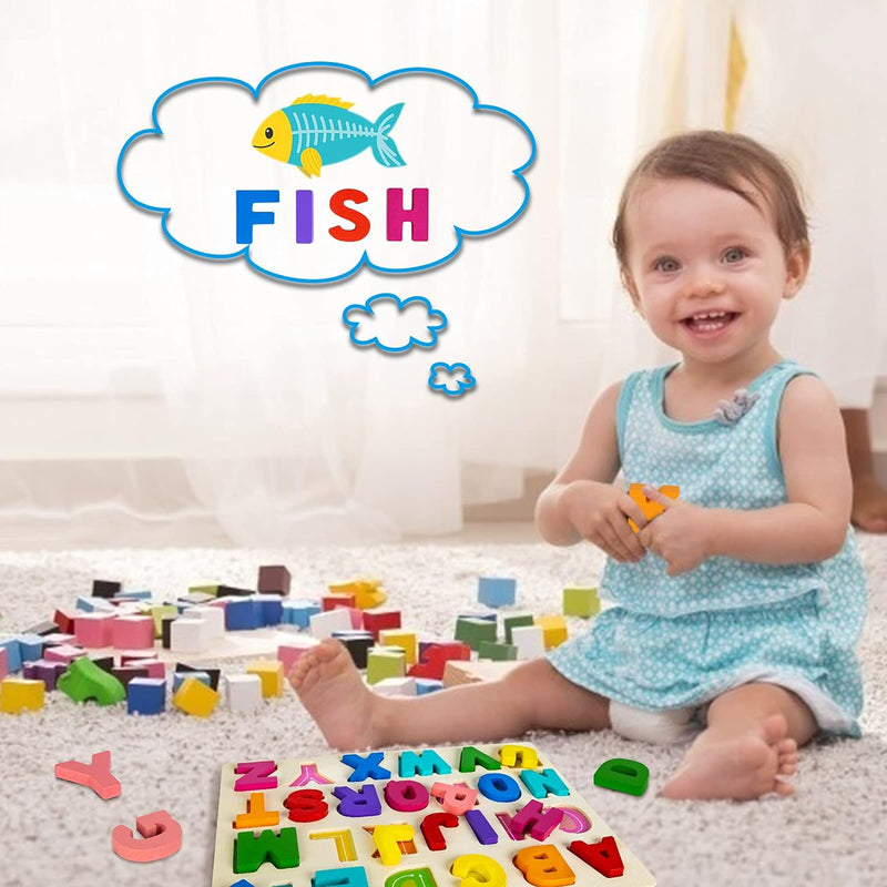 Attmu wooden alphabet puzzles for toddlers, shape ABC puzzle, preschool educational toys gift for girls and boys