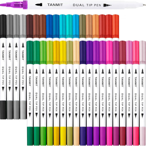 36 Dual-Tip Brush Pens for Adult Coloring Books – Tanmit Art Markers With Brush + Fine Precision Tips for Calligraphy, Planners, Journaling, Note Taking & More
