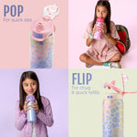 Ello Kids Pop & Fill 18oz Stainless Water Bottle, Sip or Chug, Cheetah | Insulated stainless steel kids water bottle with Quick Fill™ lid, sip straw, chug opening, leakproof lock, and BPA-free