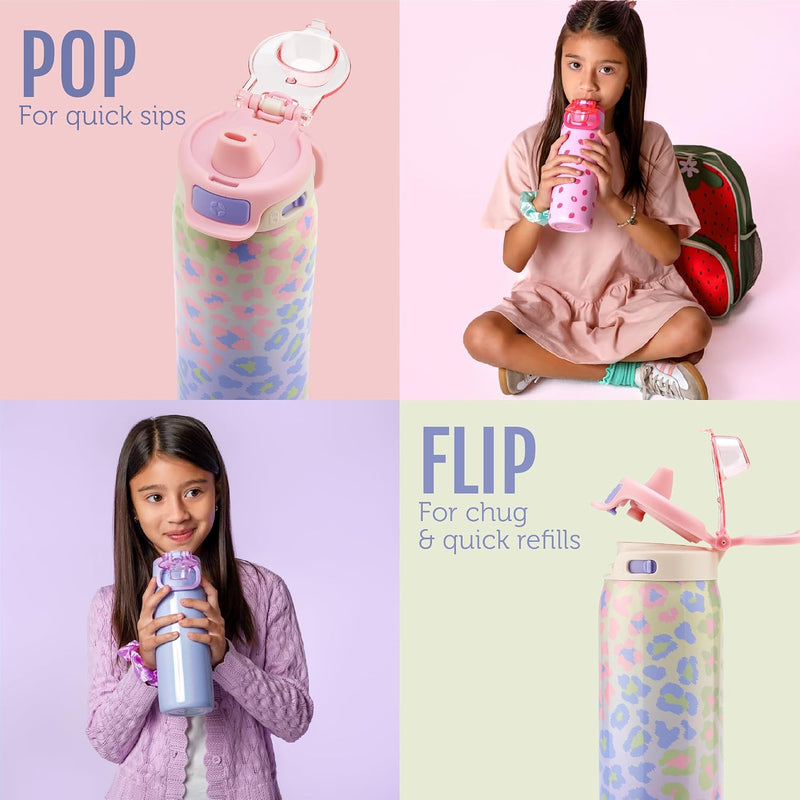 Ello Kids Pop & Fill 18oz Stainless Water Bottle, Sip or Chug, Cheetah | Insulated stainless steel kids water bottle with Quick Fill™ lid, sip straw, chug opening, leakproof lock, and BPA-free