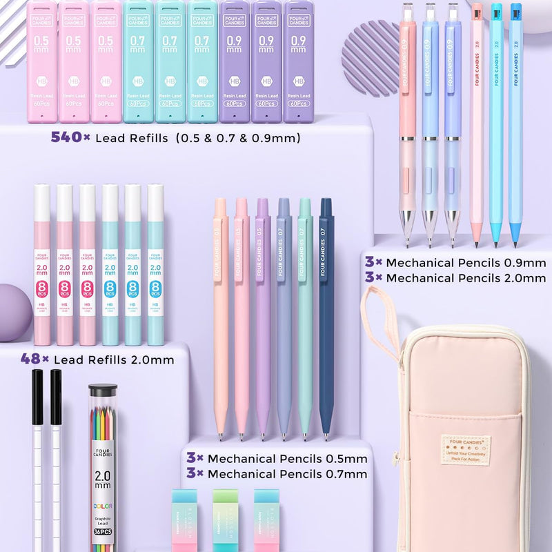Four Candies 36PCS Mechanical Pencil Set with 624 Lead Refills (Pink) | 0.5mm - 2.0mm Mechanical Pencils, Aesthetic School Supplies for Writing, Drawing, Drafting , Note-Taking & Back to School