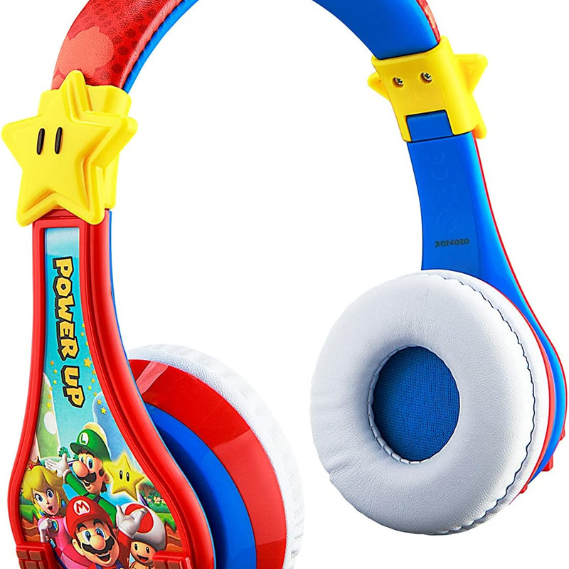 Super Mario Wireless Bluetooth Portable Kids Headphones with Microphone, Volume Reduced to Protect Hearing Rechargeable Battery, Adjustable Kids Headband for School Home or Travel