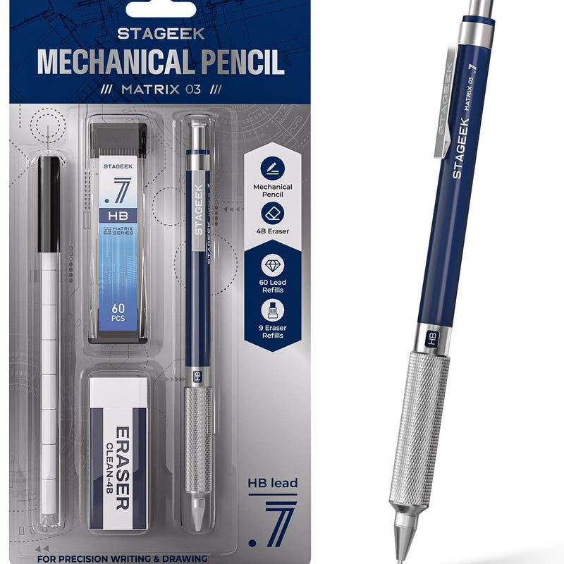 STAGEEK 0.5mm Mechanical Pencil, Metal Art & Drafting Pencil with Eraser and 60 HB Lead Refills, Professional Drawing Pencil for Artists, Students, School, Office, Writing, Sketching, Drafting(Black)
