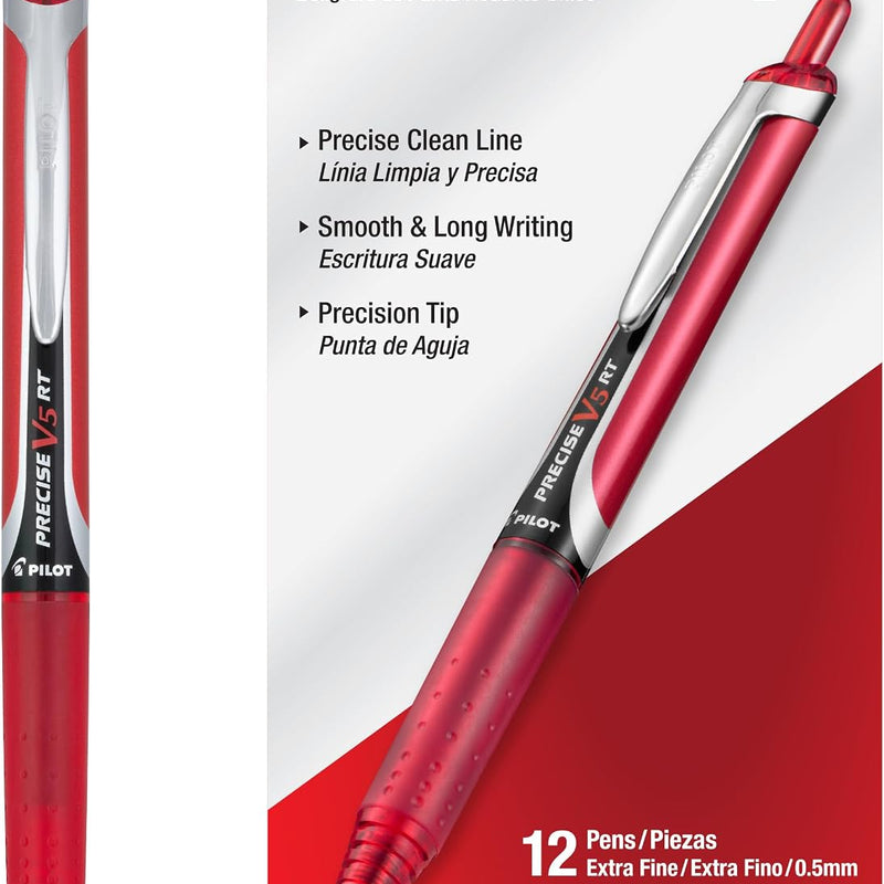 Pilot Precise V5 RT Refillable & Retractable Rollerball Pens, Extra Fine Point Pens 0.5 mm, Black, Pack of 12 - Ideal for School, Journaling & Office Writing