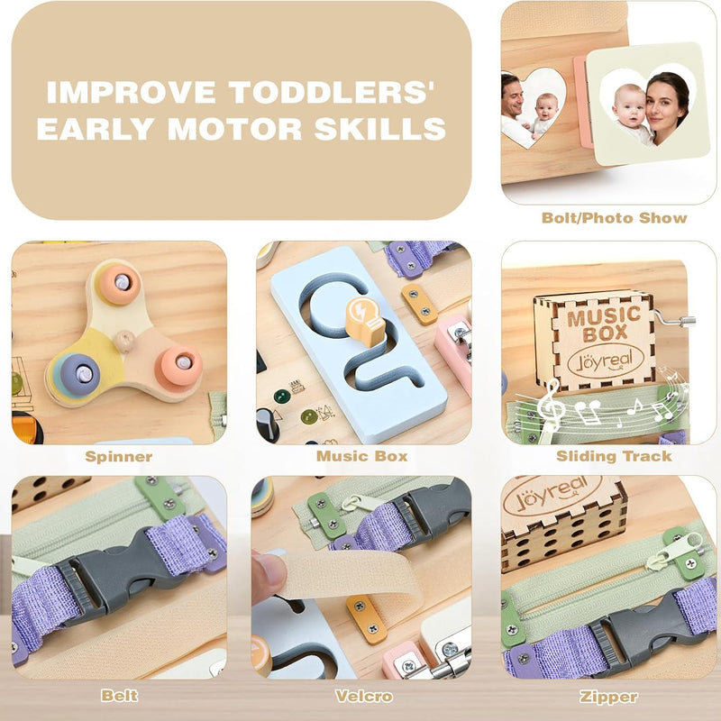 joyreal wooden montessori toys for toddlers sensory activity board with led lights music box locks