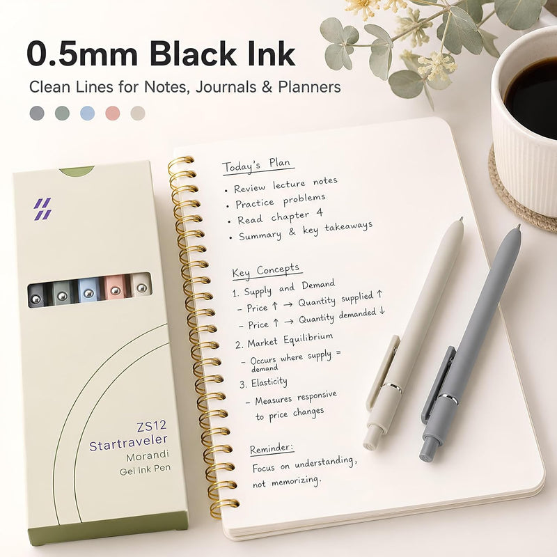 FIOVER Gel Pens, 5pcs 0.5mm Quick Dry Black Ink Fine Point Smooth Writing Pens High-End Series Ballpoint for Office School Supplies(Morandi)