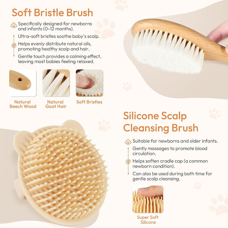 Baby Brush and Comb Set - 4 Piece Wooden Soft Bristle Hairbrush for Newborns, Baby Brush for Cradle Cap - Essentials Care Kit - Baby Shower Gift for Boys & Girls