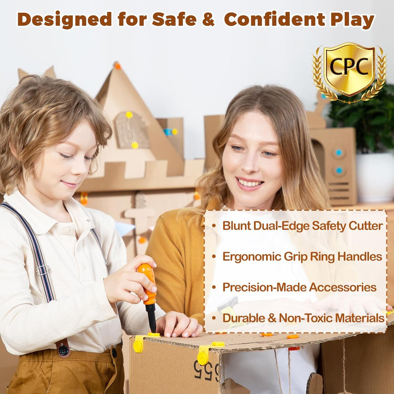 Cardboard Construction Kit - 401 PCS Kids Building Set with Safe Serrated Cutter, Crease Roller, Screws & Nuts, STEM Upcycled Tool for DIY Cardboard Projects, Engineering & Creativity