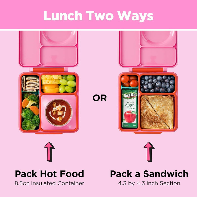 OmieBox Bento Box for Kids - Insulated Bento Lunch Box with Leak Proof Vacuum Insulated Food Jar - 3 Compartments, Two Temperature Zones (Pink Berry)