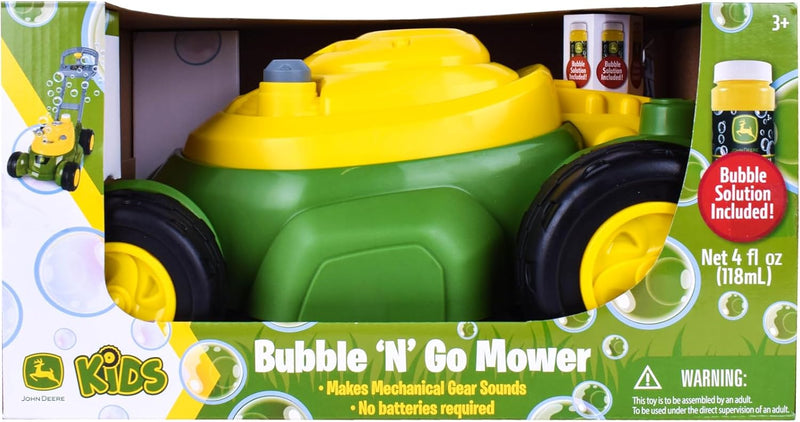 John Deere bubble lawn mower for toddlers with bubble blowing machines, no batteries required, 2+ years old