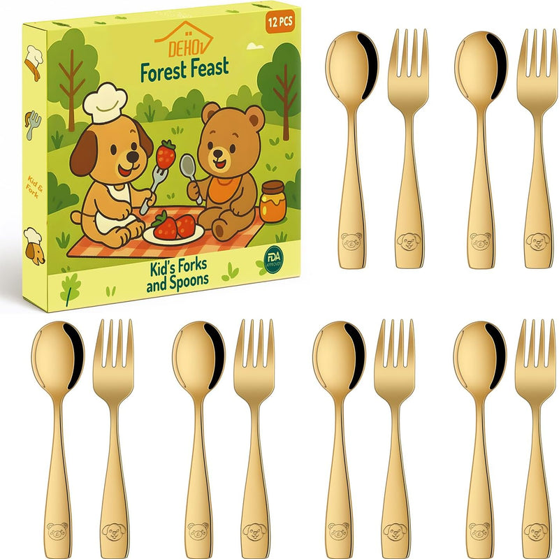 DEHOV Toddler Eating Utensils Set,Set Of 12 Food Grade Stainless Steel Silverware Sets For Kids,Dishwasher Safe Children Small Metal Spoons And Forks Flatware Sets