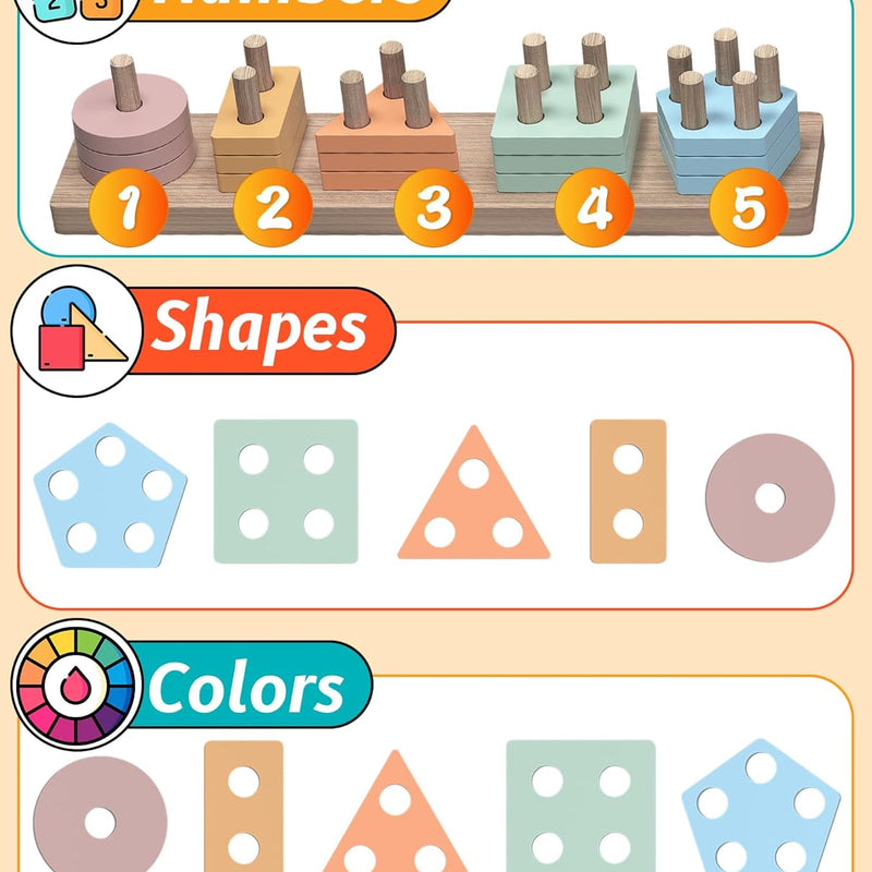 kecristv Montessori Toys for 1-3 Year Olds, Shape Sorter Wooden Toys for Toddlers, Learning Educational Sensory Stacking Toy