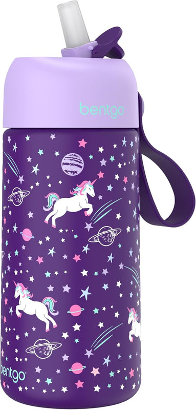 Bentgo Kids Stainless Steel Water Bottle, Leak-Proof, 14 oz, Bite & Sip | Vacuum Insulated, 18/8 Stainless Steel, 12-Hour Cold, Dishwasher Safe, BPA-Free (Rainbows & Butterflies)