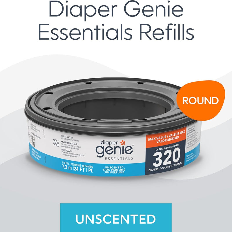 Diaper Genie Essentials Round Refill 8-Pack, Unscented, Fits Complete Pails