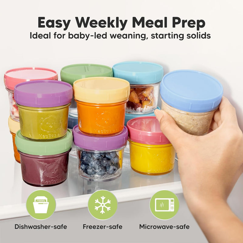 KeaBabies 12pk 4oz Glass Baby Food Containers with Lids, Leak-Proof (Nord) | Microwavable Small Glass Jars, Baby Purees, Toddler Snack Storage Containers, BPA-Free, Dishwasher-safe, Freezer Safe