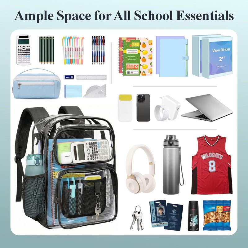 PACKISM Clear Backpack for School - 17 inch Large Heavy Duty Bookbag, Reinforced See Through PVC Transparent Backpack