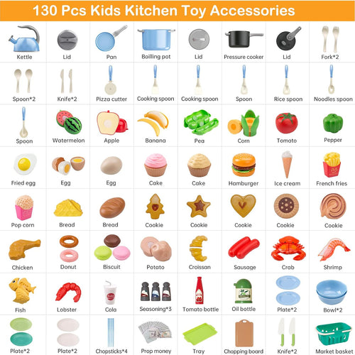 130Pcs Kitchen Playset, Toddler Pretend Cooking Play Pots, Pans, Utensils Cookware, Daily Food Fruit Veges, Shopping Storage Basket, Dessert, Prop Money, Learning Gift for Child (Blue)