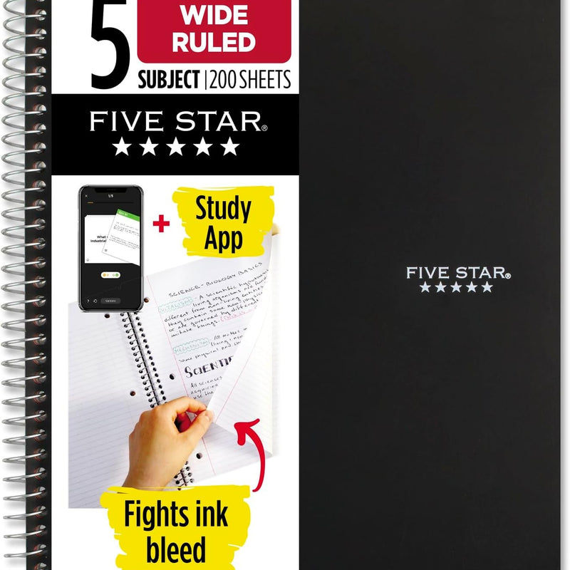 Five Star Spiral Notebook + Study App, 5 Subject, Wide Ruled Paper, 8" x 10-1/2", 200 Sheets, Fights Ink Bleed, Water Resistant Cover, Tidewater Blue (73196)