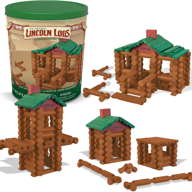 Lincoln Logs 100th Anniversary Tin, Classic Wooden Building Set with 111 All-Wood Pieces