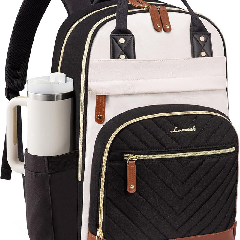 LOVEVOOK Laptop Backpack Women with Giant Tumbler Holder,15.6 inch Waterproof Work Travel Backpack Computer Laptop Bag,Cute College Nurse Teacher Backpack Purse,Gifts for Women & Men,Beige-Black-Brown