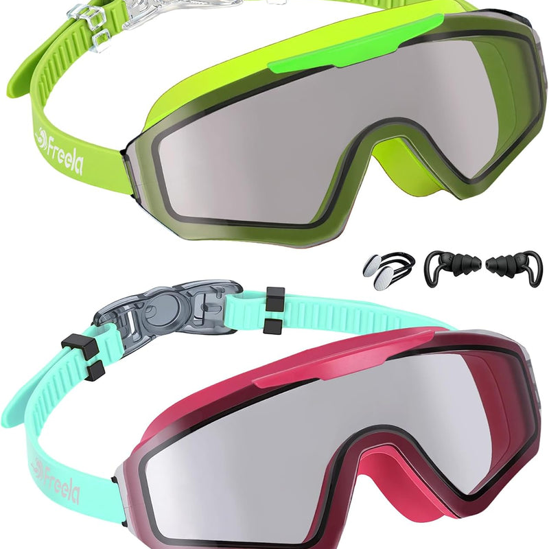 Freela 2 Pack Kids Swim Goggles for 8-16, Anti-Fog UV Protection Extra Silicone Layer Swimming Goggles for Youth Boys Girls