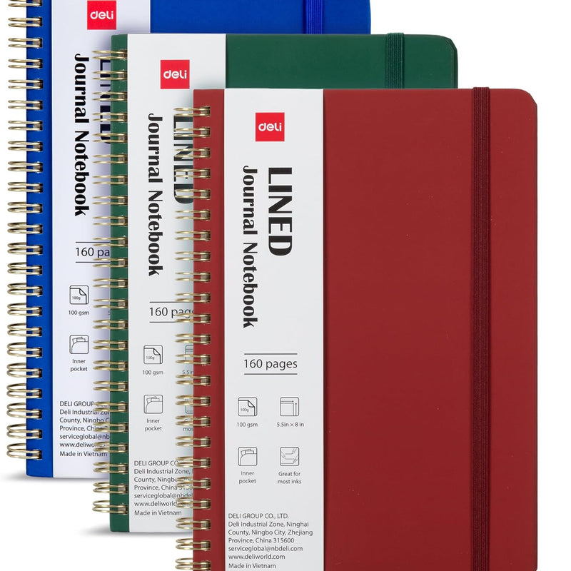 deli 3-Pack Lined Spiral Journal Notebook, 160 Pages, A5 (5.5"x8") Hardcover Writing Notebook, College Ruled Spiral Bound Journal for Women & Men - Perfect for Work, School, Office & Note Taking