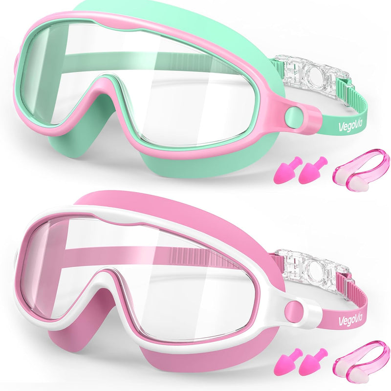 VegoVia 2 Pack Kids Swim Goggles Anti-Fog Wide View | UV Protection Swimming Goggles for kids 6-14 8-12 3-15 Youth Boys Girls Toddler