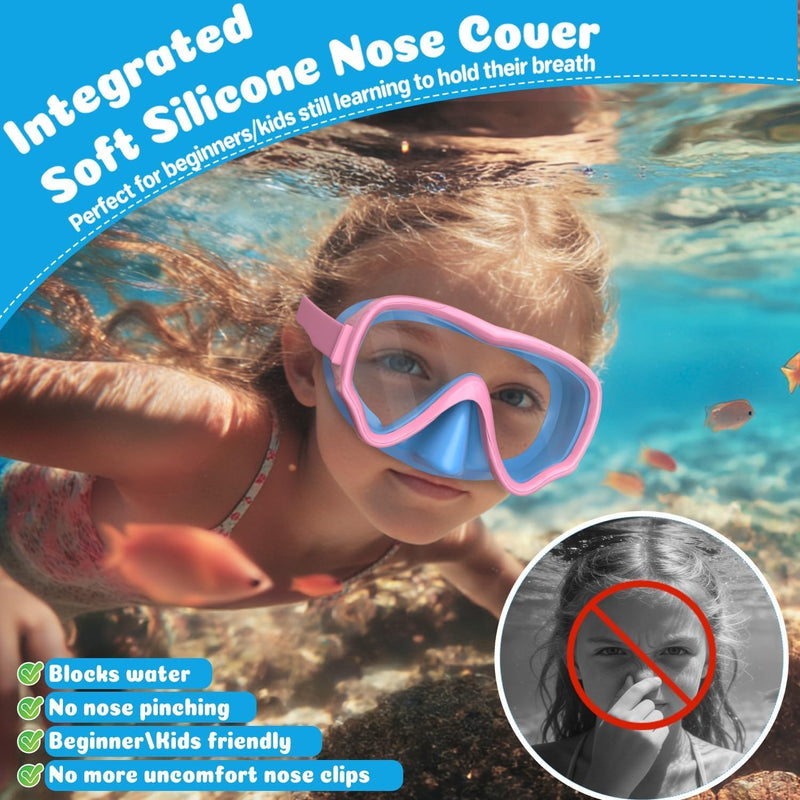 COOLOO 2 Packs Kids Goggles with Nose Cover, 180° Wide View Swimming Goggles for Kids 4-16, No More Hair Snags Anti-Fog No-Leak Snorkel Mask for Boys Girls Youth