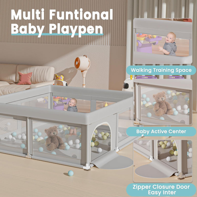 Hiaksedt Baby Playpen 50x50 Inch, Play Pens for Babies and Toddlers | Baby Fence for Indoor & Outdoor, Sturdy Safety Play Yard with Soft Breathable Mesh, Anti-Fall, Grey