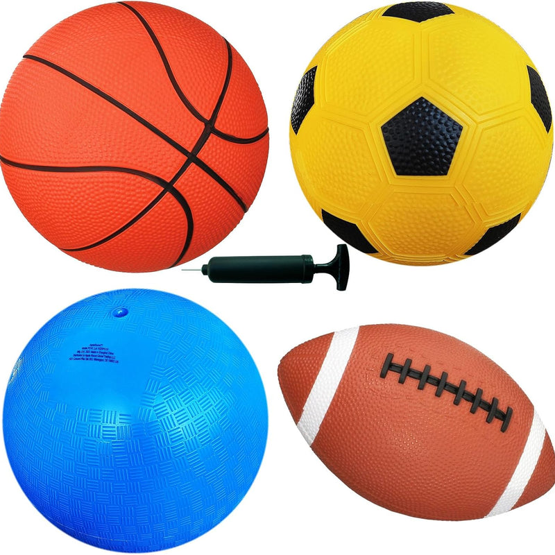 AppleRound 4-Pack Sports Balls for Toddlers & Kids with Pump – 5-Inch Soccer Ball, Basketball, Playground Ball & 6.5-Inch Football – Soft Small Balls for Indoor/Outdoor Play (Ages 2-7)