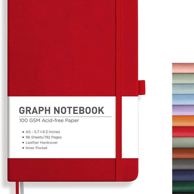 RETTACY Graph Grid Paper Notebook, 192 Pages, A5 Medium Size (5.7'' x 8.3''), 5 Squares per Inch, Leather Hardcover, 100 GSM Thick Paper, for School, Students, Math, Engineering (Brown)