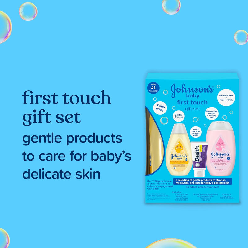 Johnson's Baby First Touch Baby Essentials Gift Set with Body Wash & Shampoo, Body Lotion, & Zinc Oxide Diaper Rash Paste for Baby's Delicate Skin, Hypoallergenic, No Added Parabens or Dyes, 3 Items
