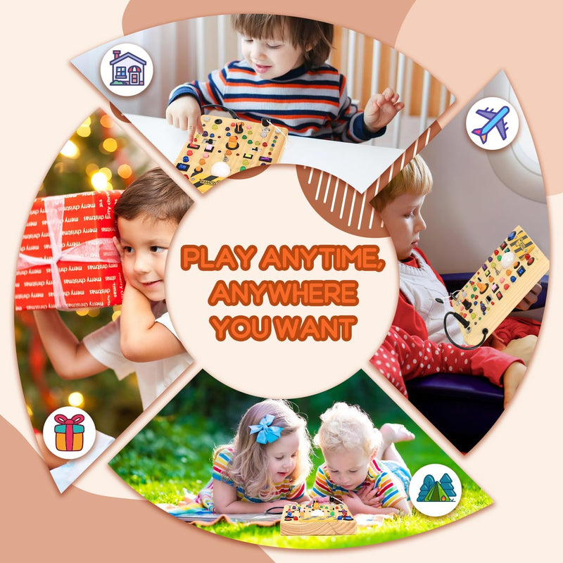 busy board with 19 led light switches for 1-3 year olds, montessori toy for toddlers with 40 led lights and 26 alphabet letters