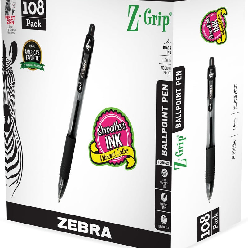 Zebra Pen Z-Grip Retractable Ballpoint Pen, Smooth-Flowing Black Ink, 1.0mm Medium Point, School & Office Supplies, Ideal for Note-Taking, Journal and Planner Use, 18-Pack (22218)