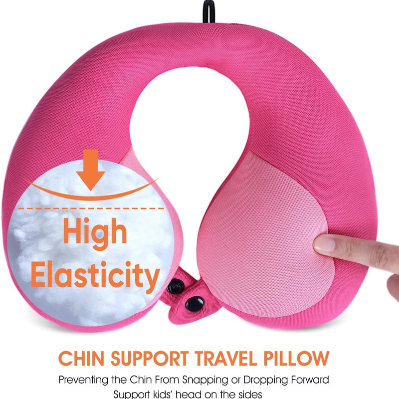 INFANZIA Kids Travel Neck Pillow, Chin Support for Car Seat & Plane, Pink | Helps Support Head and Neck, U Shape Carseat Travel Pillow, for Toddlers and Children, Airplane Road Trips