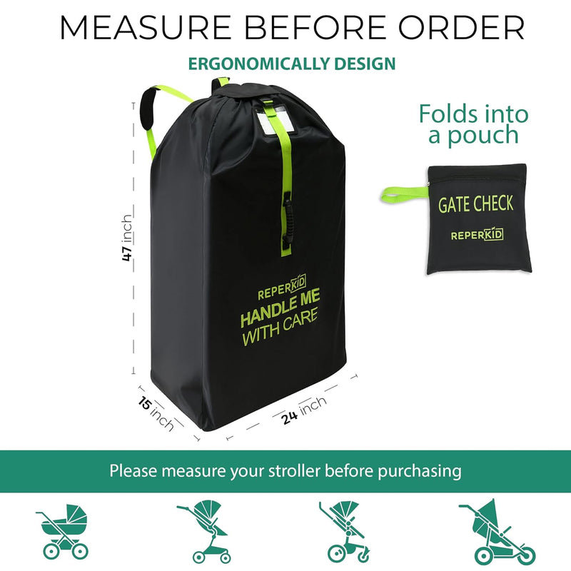 Large Stroller Bag for Airplane Travel, Black & Green, 47" H x 24" W x 15" D, Fits Most Large, Single, Double, Jogging Strollers – Premium Waterproof Cover, Adjustable Shoulder Straps