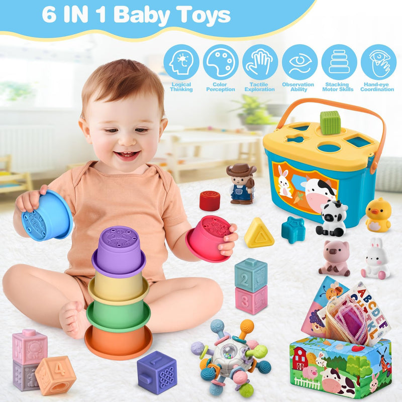 6 In 1 Baby Toys, 6-12 months Baby Toys, Montessori Toddler Gifts Toddlers | 0-6 12-18 Montessori Toddler Toys,Farm Animals Playset & Teething & Stacking Building Block Cup & Tissue Box & Sensory Bin