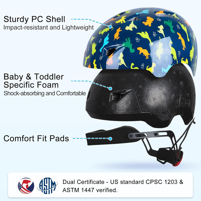 Toddler Helmet, Baby Infant Kids Bike Helmet, Adjustable, 1-3-5-8 Year Age, Hard PC Shell, EPS Foam, Breathable, Comfortable, Soft Padding